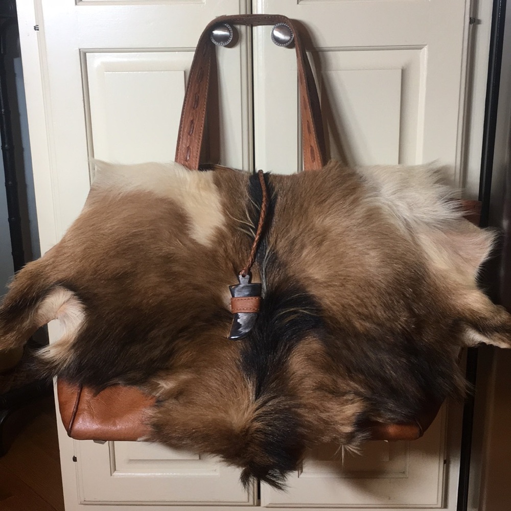 Real leather and real goat fur over sized tote